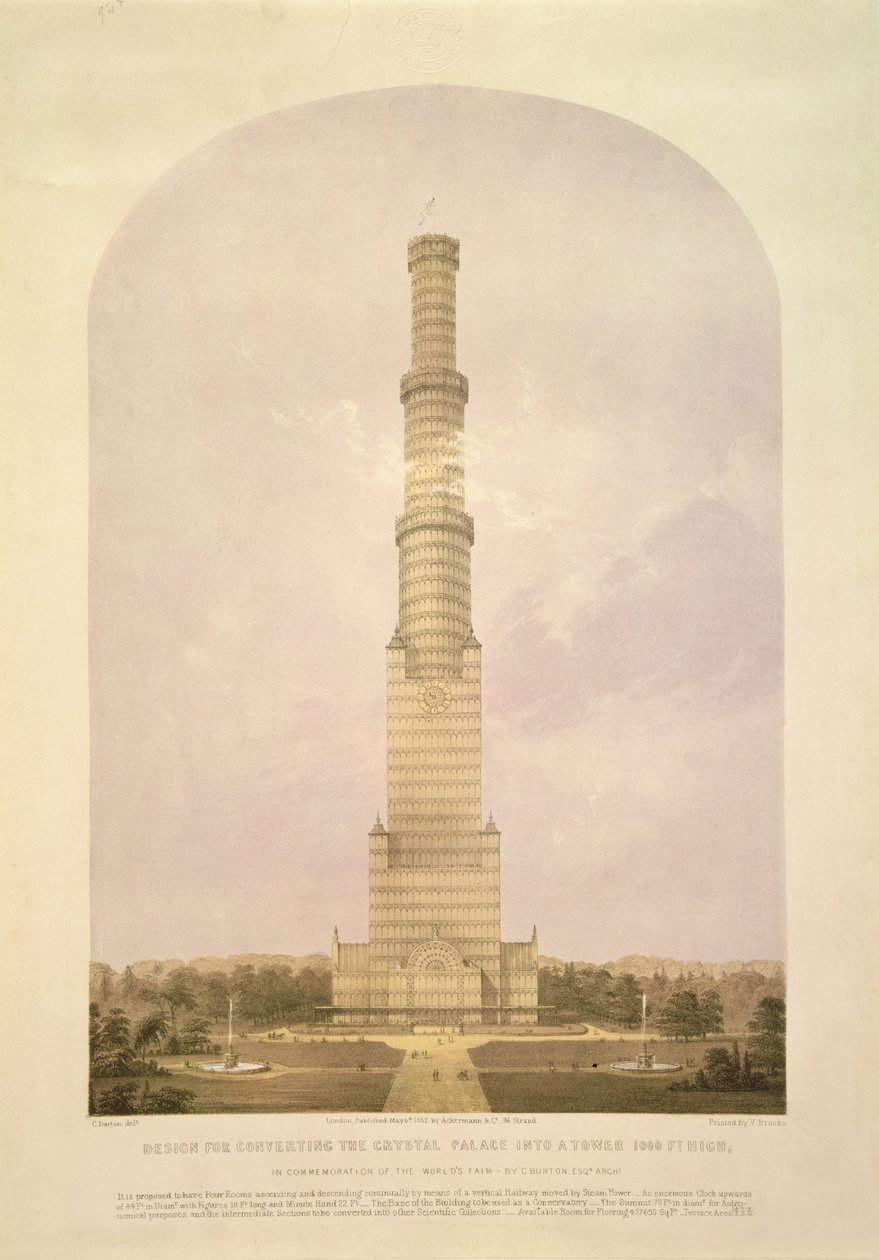 Design for Converting the Crystal Palace into a 1000 ft High Tower, publicerad av Ackermann und Co. 1852. av Charles Burton