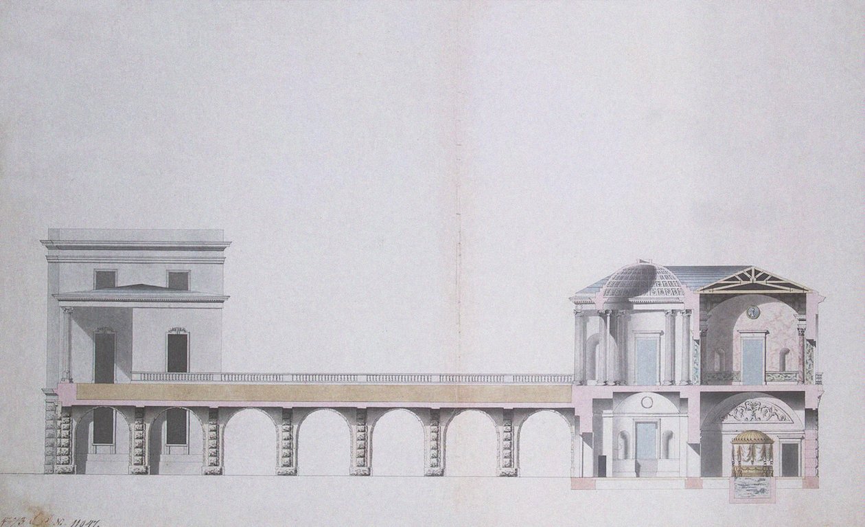 Tvärsnitt av agatpaviljongen och den hängande trädgården i Tsarskoye Selo, ca 1780 (penna och bläck med wc på papper) av Charles Cameron