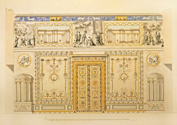 Förhöjning av en dörrvägg, Lyons Salong, Catherine Palace i Tsarskoye Selo, tidigt 1780-tal (penna, pensel, indisk bläck och akvarell på papper) av Charles Cameron
