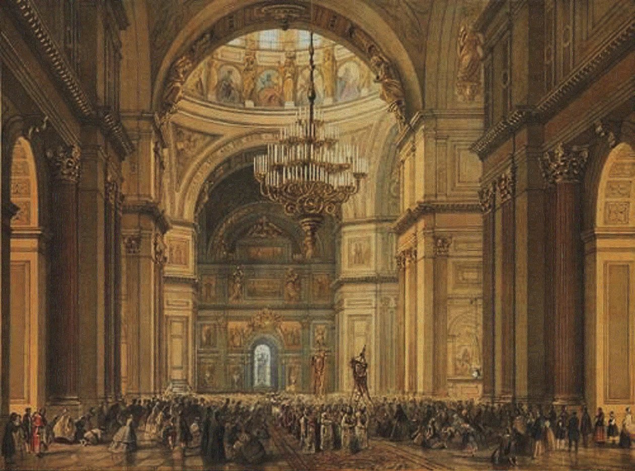 Gudstjänst i Saint Isaacs-katedralen i Sankt Petersburg, 1850-talet av Charles Claude Bachelier