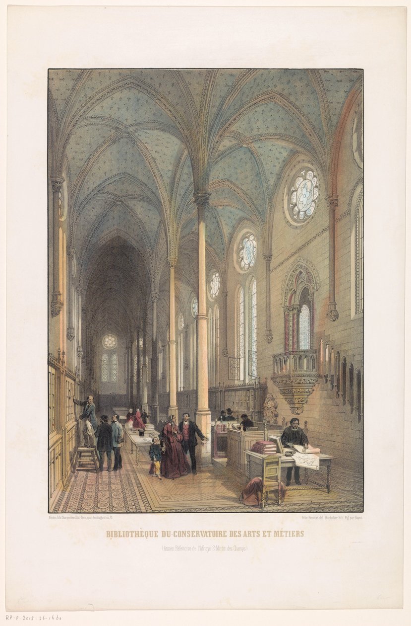 Interiör av biblioteket vid Konservatoriet för konst och hantverk Bibliotek för konst- och hantverkskonservatoriet (tidigare matsal till klostret St Martin des Champs) (titel på objektet) av Charles Claude Bachelier