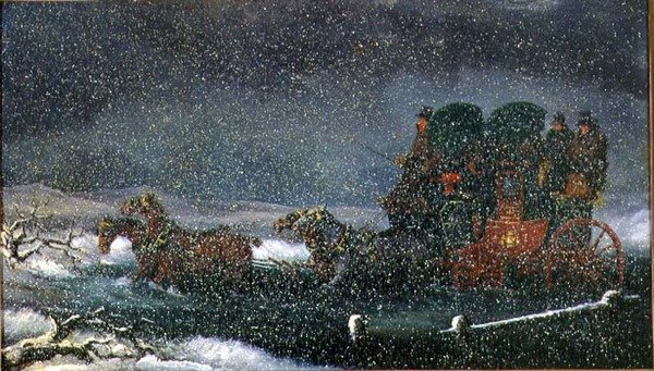 En diligens som kör en bäck i en snöstorm (olja på duk) av Charles Cooper Henderson
