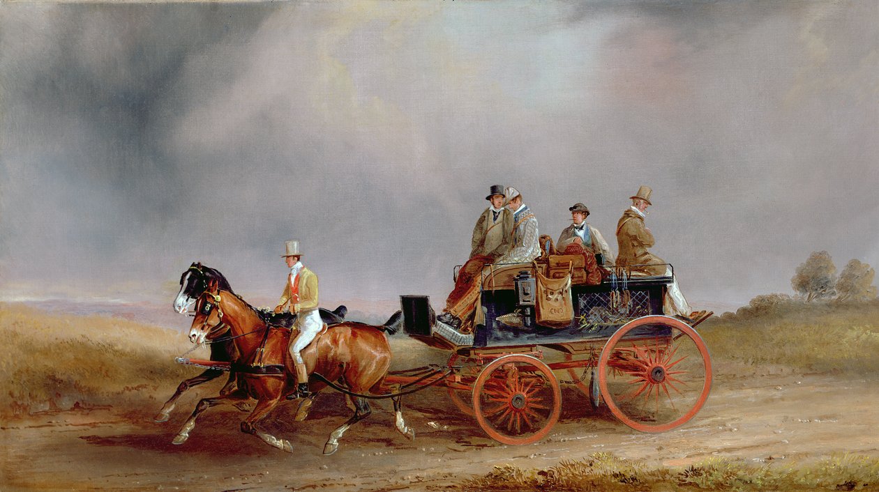 Going Shooting; en postillion och par med en viltvagn (olja på duk) av Charles Cooper Henderson