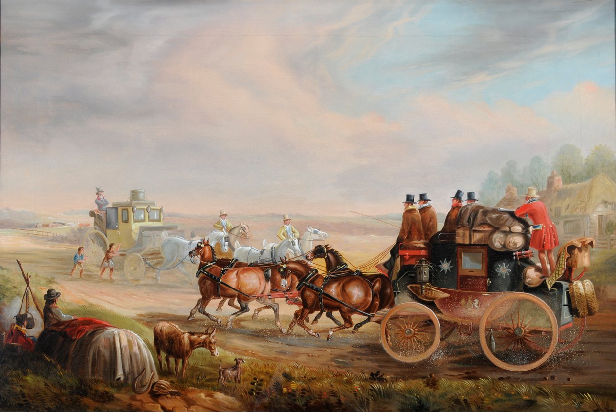 Hull-London Royal Mail möter en vagn på vägen, ca 1835 (olja på duk) av Charles Cooper Henderson