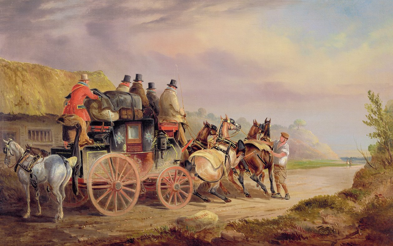 Mail Coaches on the Road: "Quicksilver" Devonport-London Royal Mail på väg att börja med ett nytt lag av Charles Cooper Henderson