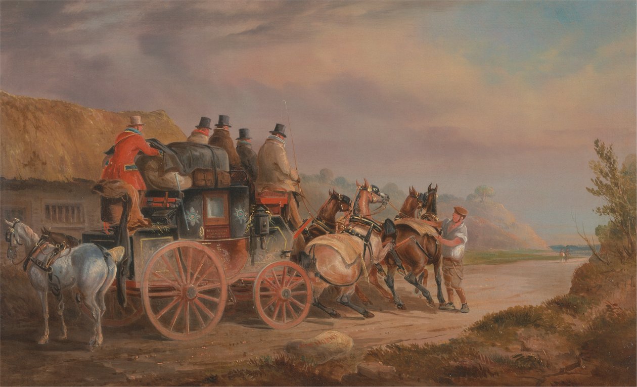 Mail Coaches on the Road: "Quicksilver" Devonport-London Royal Mail ska börja med ett nytt lag (The Devonshire to London Coach) av Charles Cooper Henderson