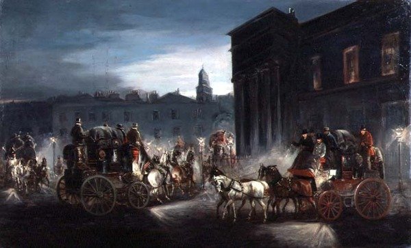 Edinburgh Mail Coach och andra bussar på en Lamplit Street (olja) av Charles Cooper Henderson