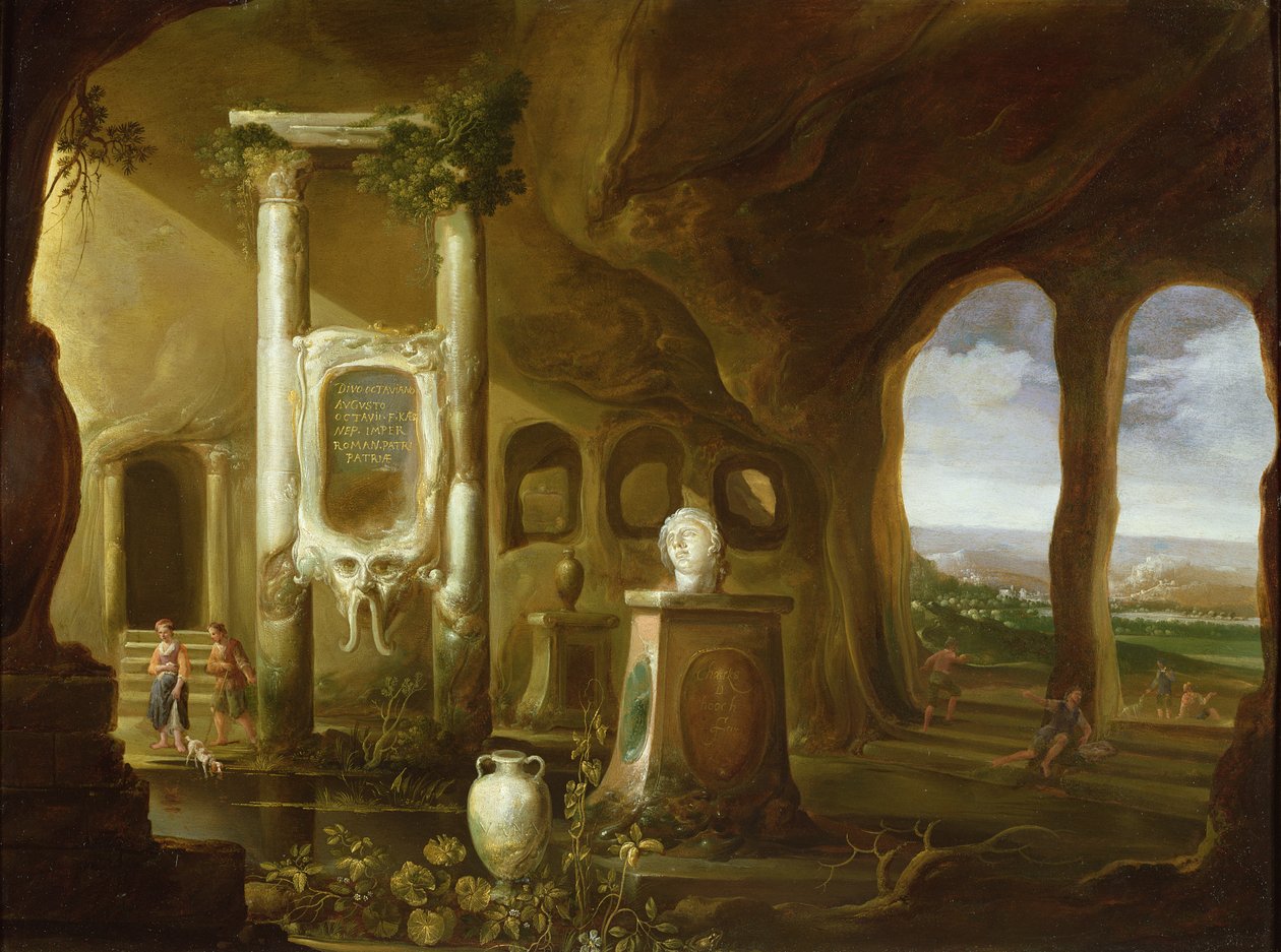 Ett monument över Augustus, i en grotta med figurer, 1600-talet av Charles Cornelisz de Hooch