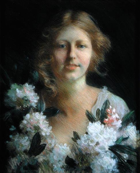 Porträtt av en dam med blommor av Charles Courtney Curran