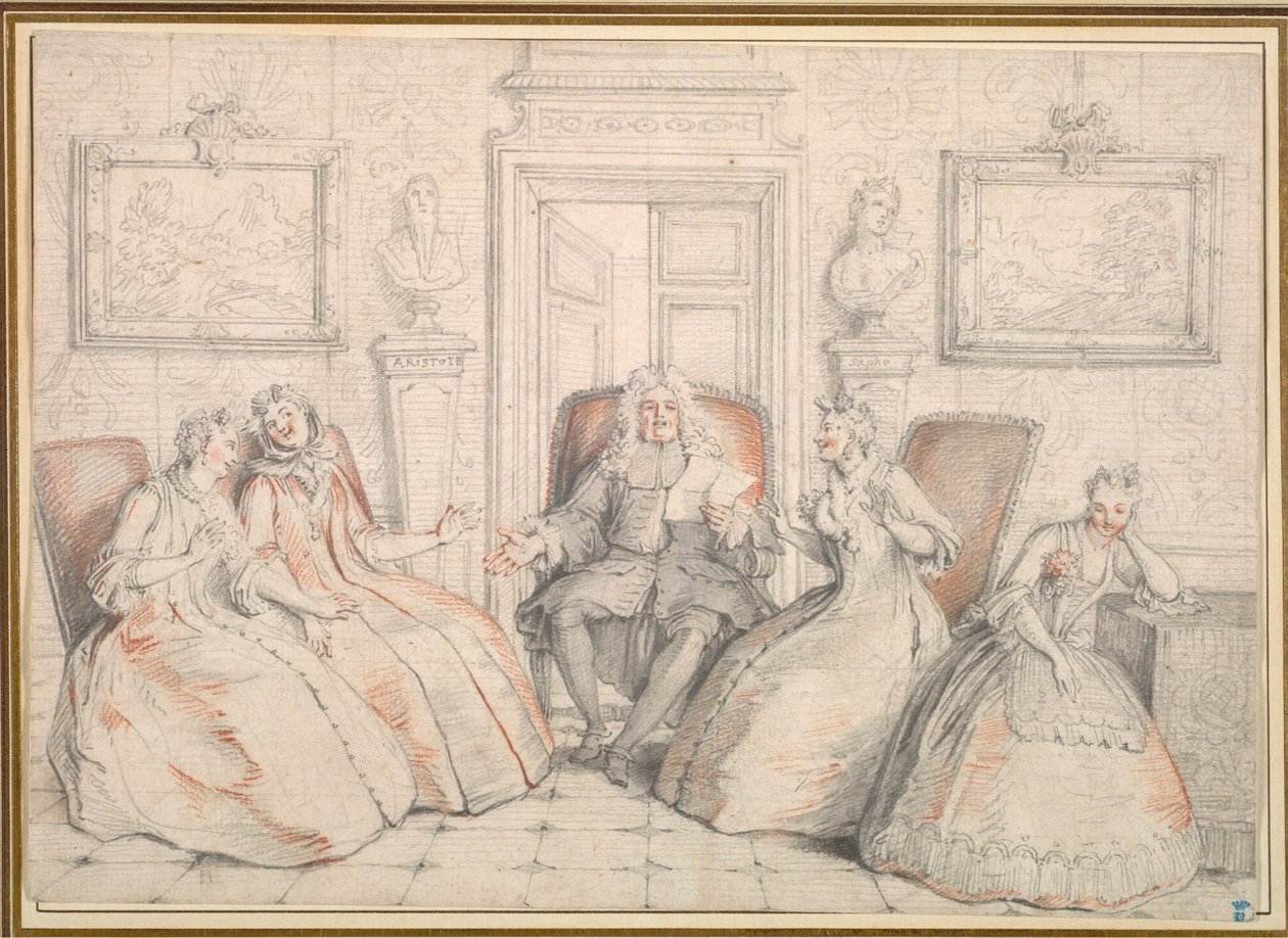 Trissotin Reading to Philaminte, Bélise och Armande (från akt 3, scen 2 av Molières "Les Femmes Savantes" av Charles Coypel