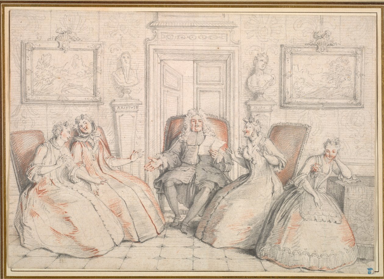 Trissotin Reading to Philaminte, Bélise och Armande..., troligen ca. 1725-1726. av Charles Coypel