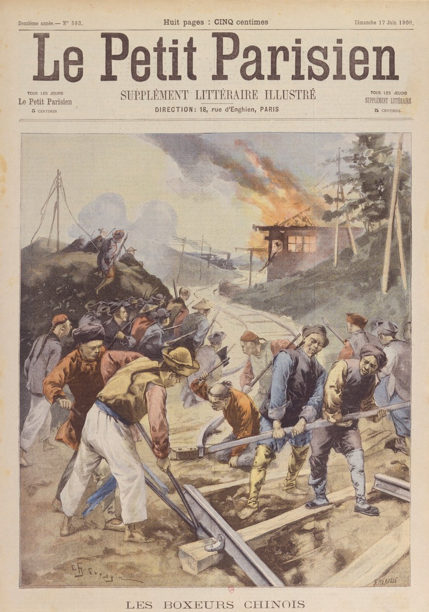 The Boxer Rebellion (1900-01), Boxare saboterar järnvägen, juni 1900 (tryck) av Charles Crespin