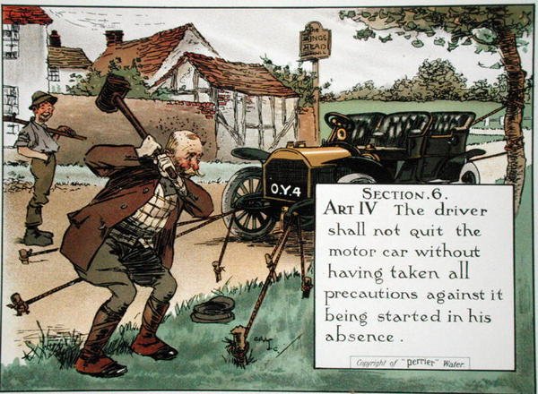 Avsnitt 6. Art. IV Föraren får inte lämna motorbilen utan att ha vidtagit alla försiktighetsåtgärder mot att den startas i hans frånvaro, från en vägreglerbok, publicerad c.1905 (färg litho) av Charles Crombie