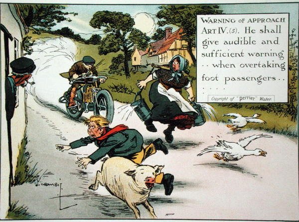Varning för närmande. Konst. IV.(5) Han ska ge akustisk och tillräcklig varning...vid omkörning av fotpassagerare, från en bok med trafikregler, publicerad c.1905 (färg litho) av Charles Crombie