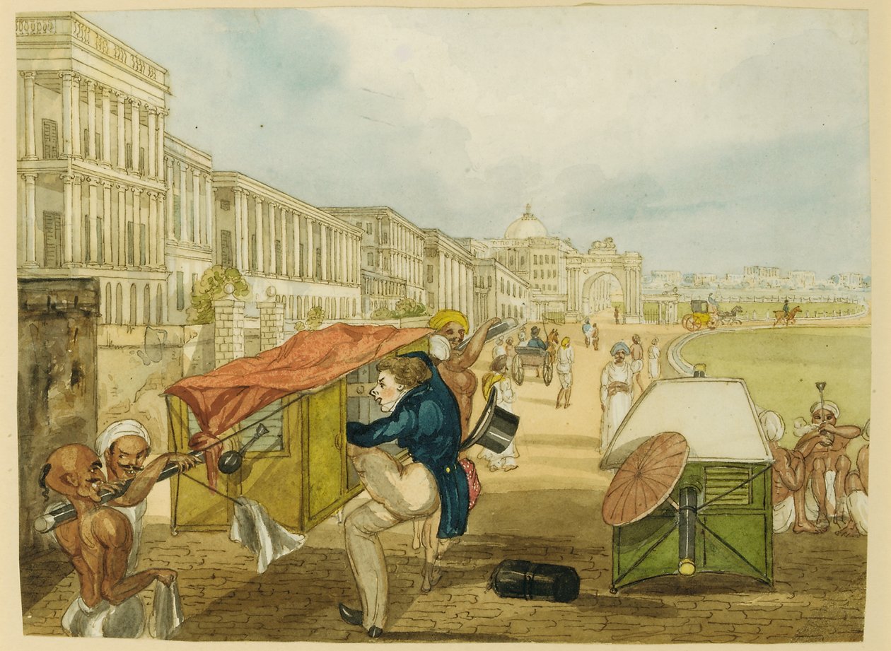 En oerfaren Palanquin-ryttare, Tom Shaw Hyr en Palanquin på Esplanaden, Calcutta av Charles DOyly