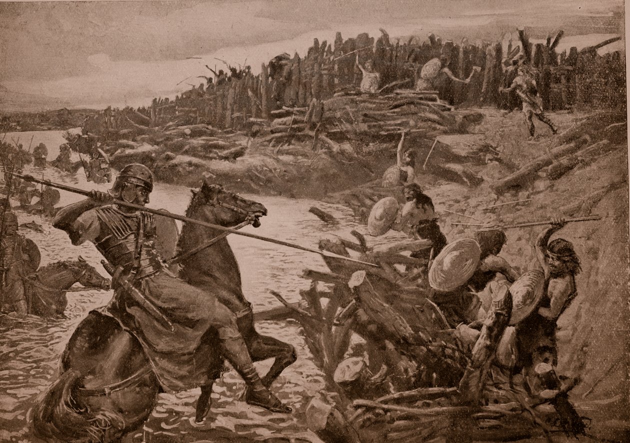 Caesar korsar Themsen, illustration från "Hutchinson
