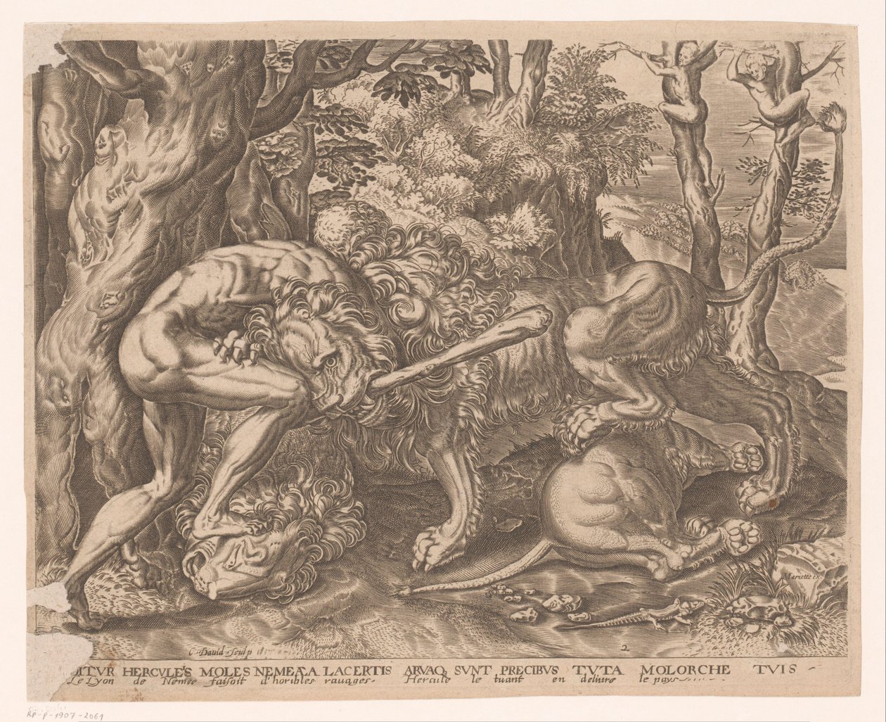 Hercules håller det Nemeiska lejonet i ett strypgrepp Labours of Hercules efter Frans Floris (serietitel) av Charles David