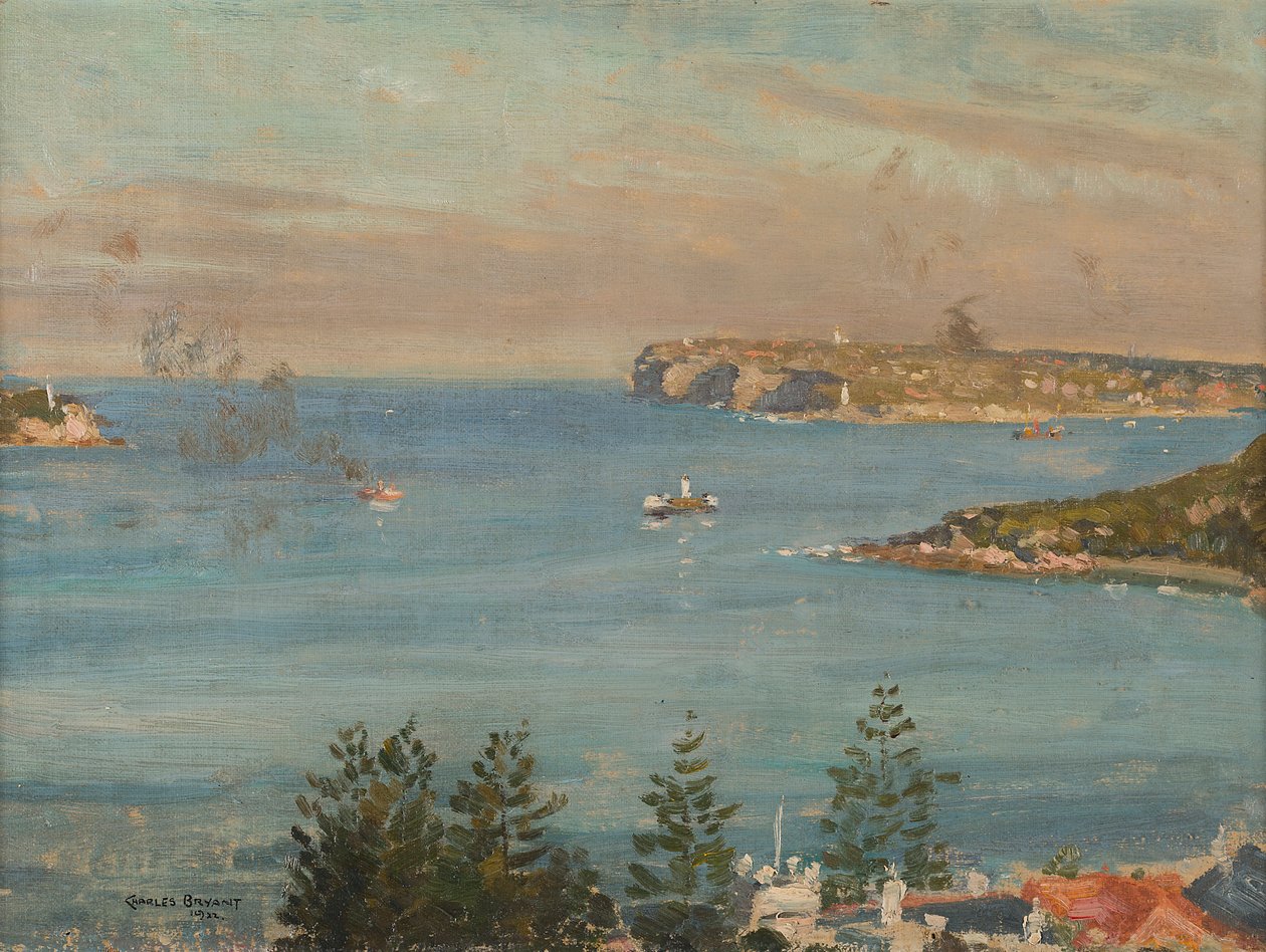 Ser mot Sydney Heads från norra delen av staden (olja ombord) av Charles David Jones Bryant