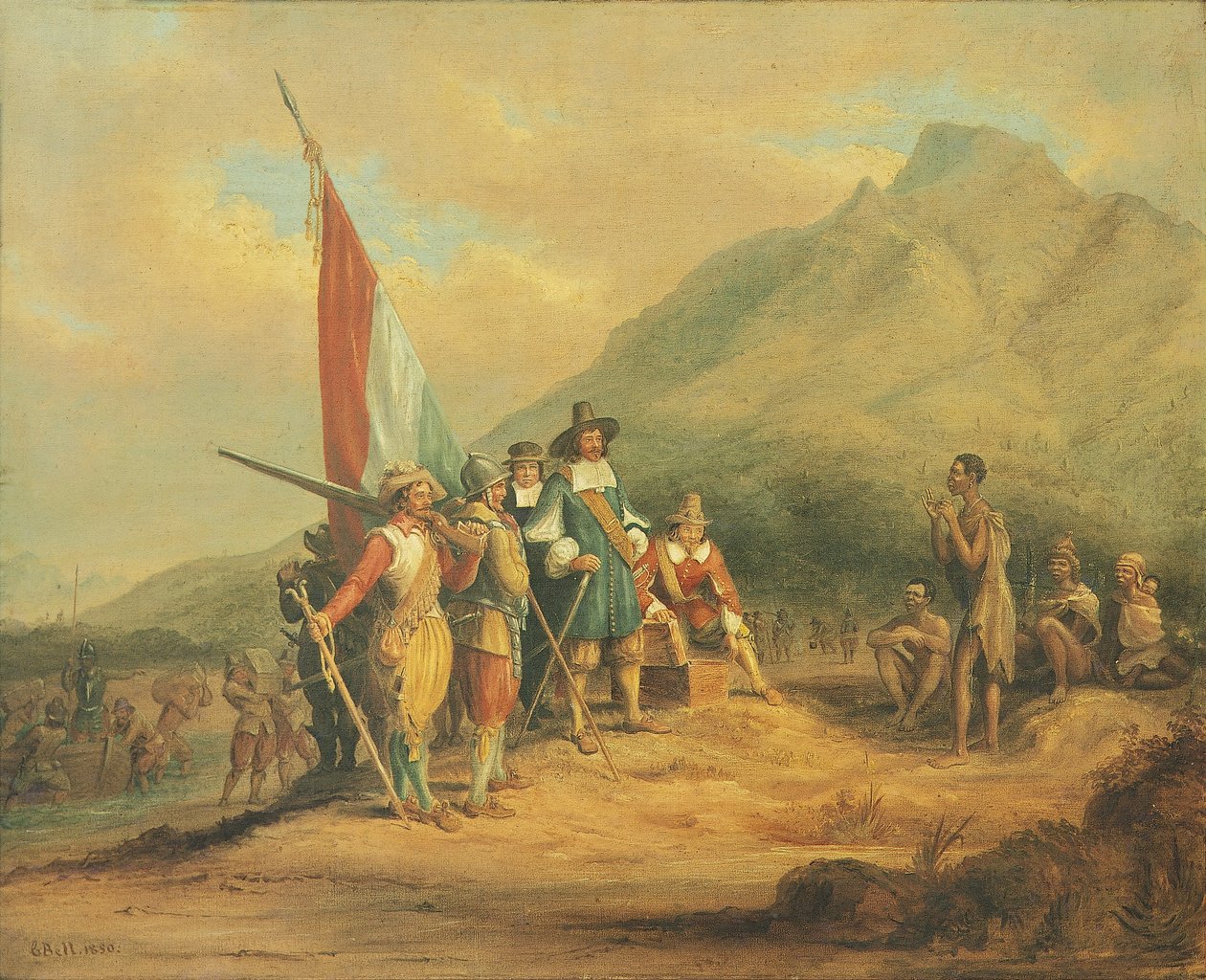 Jan van Riebeecks och hans mäns ankomst till Godahoppsudden i april 1652 av Charles Davidson Bell