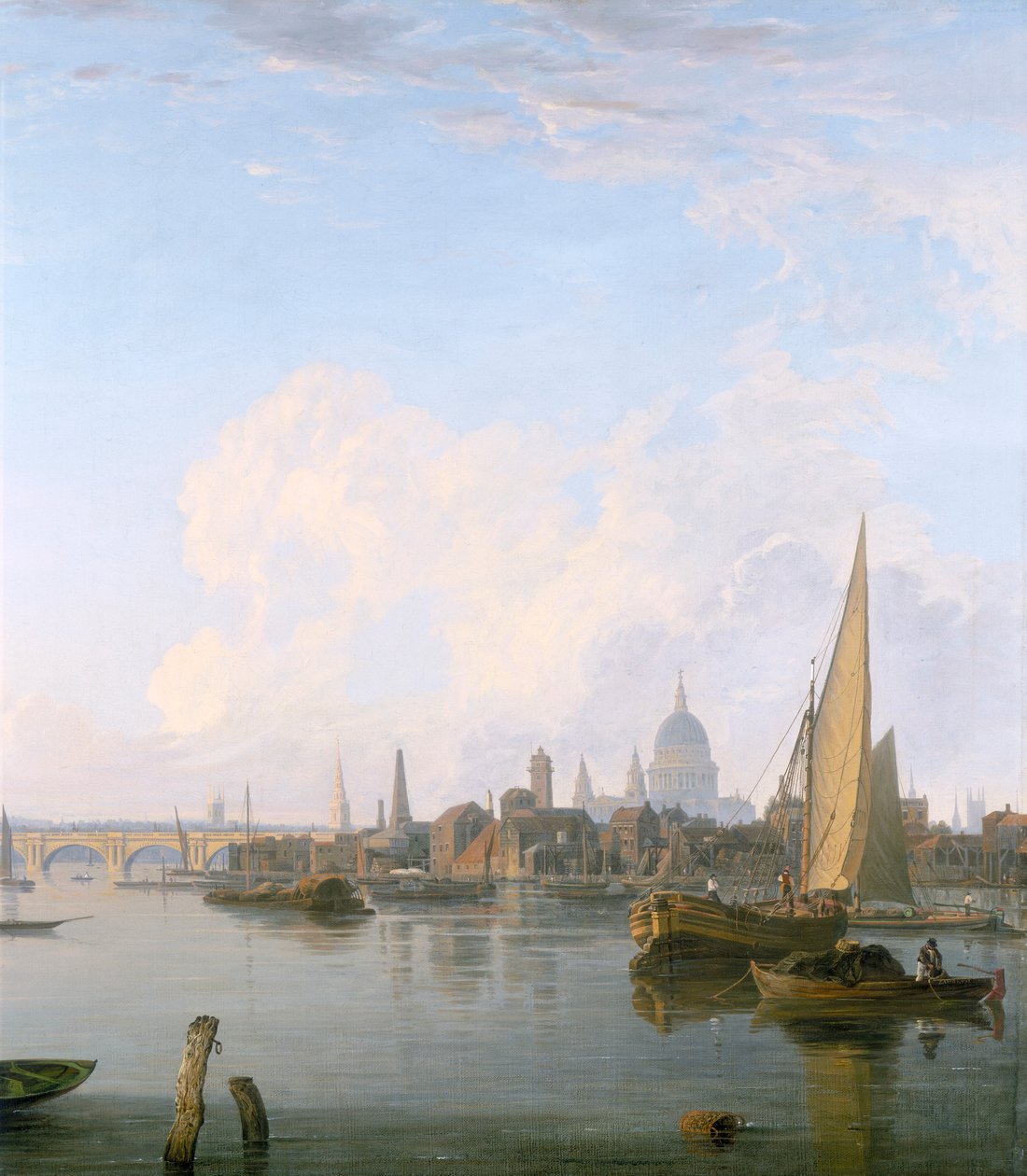 "Waterloo Bridge och Lambeth Waterfront från Westminster Stairs", 1821 av Charles Deane