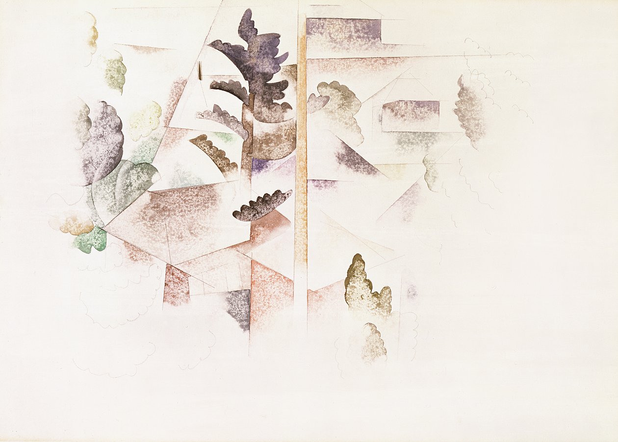 Bermuda, träd och arkitektur, ca 1917 (wc på papper) av Charles Demuth