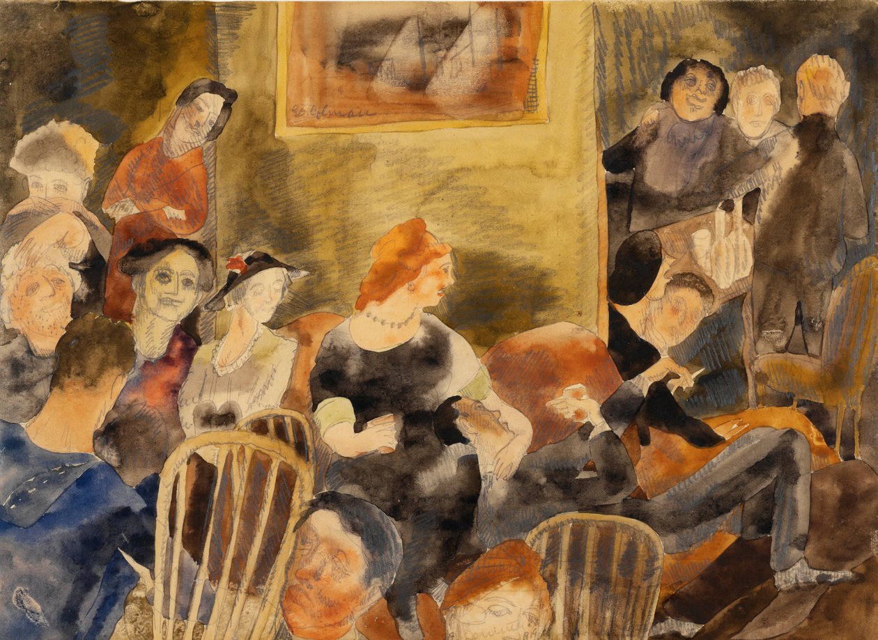 Interiör med en grupp människor kring en rödhårig kvinna av Charles Demuth