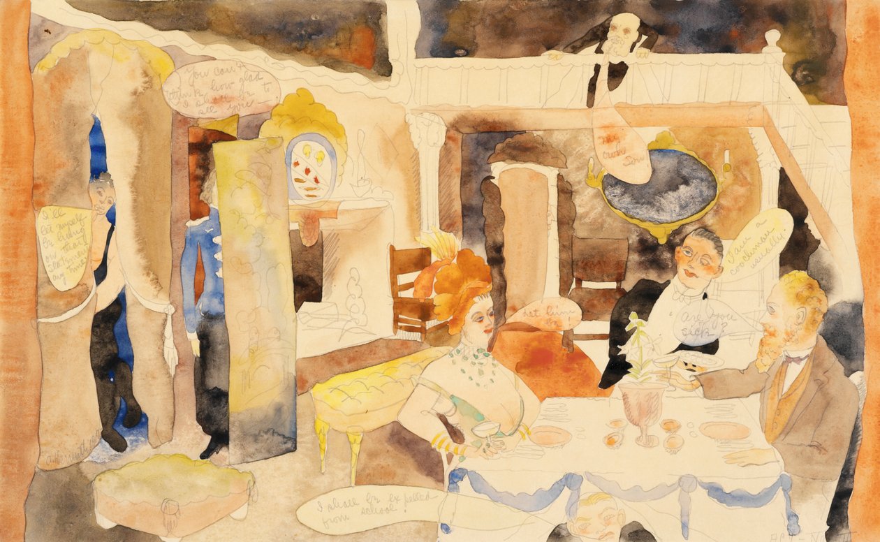 Lulu och Alva Schoen vid lunch, 1918 (wc & penna på papper) av Charles Demuth