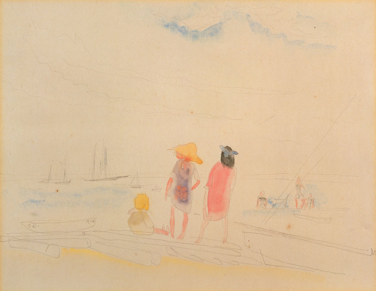 Två kvinnor och barn på stranden (wc och penna på papper) av Charles Demuth