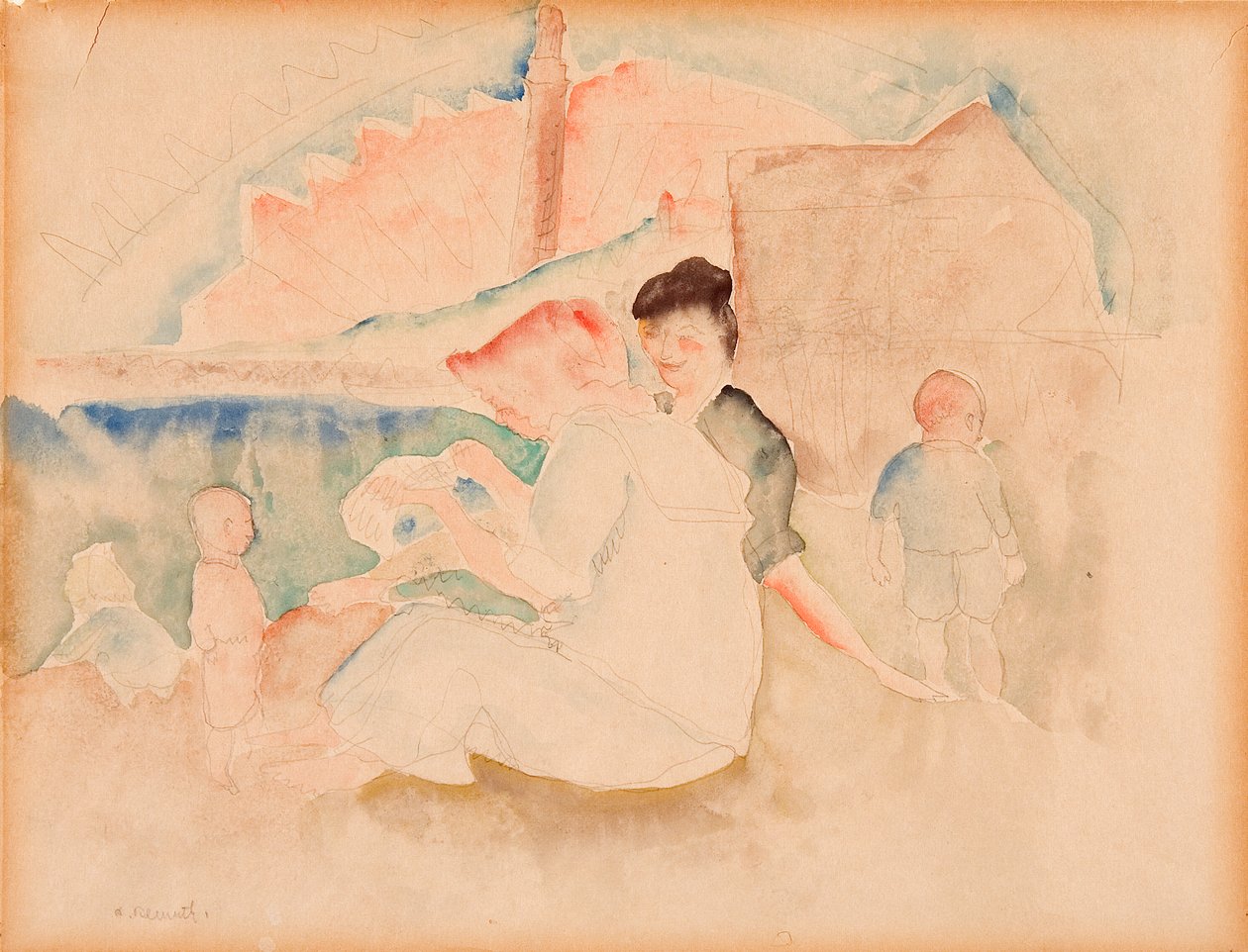 Untitled (Två kvinnor och tre barn på stranden) av Charles Demuth