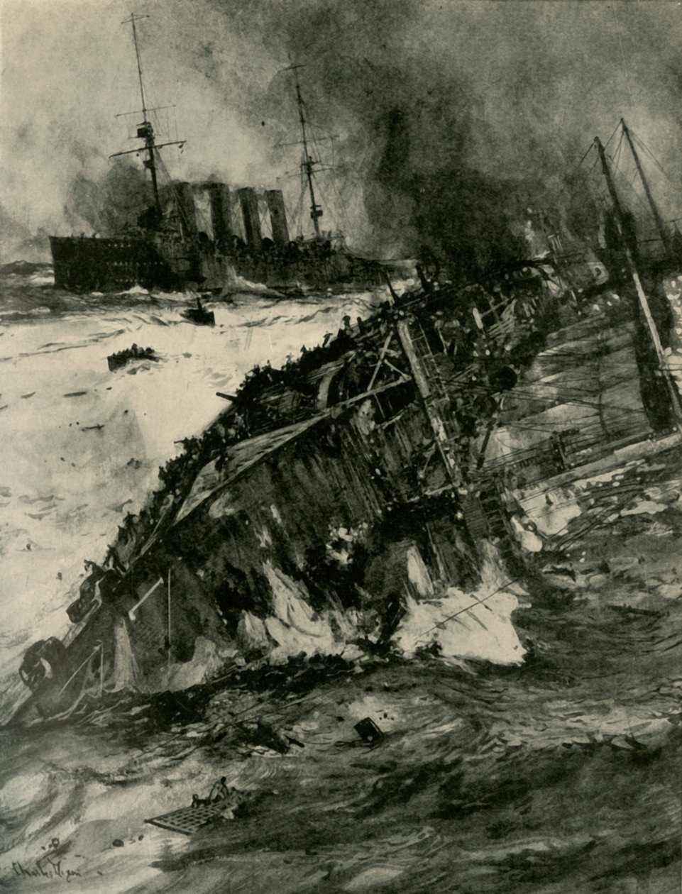 Förlisningen av HMS Aboukir, första världskriget, 22 september 1914, c1920. av Charles Dixon
