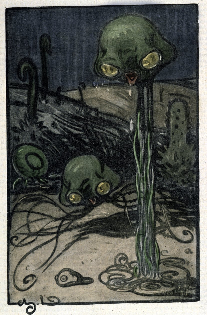 En invånare på planeten Mars. Illustration av M. Dudouyt (1885-1946) till romanen av Herbert George Wells (1866-1946) "The War of the Worlds". av Charles Dudouyt