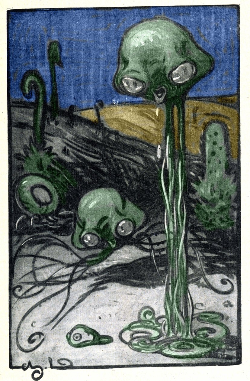 Illustration av M. Dudouyt till romanen av H. G. Wells (1866-1946) "The War of the Worlds""; representation av invånarna på planeten Mars. av Charles Dudouyt
