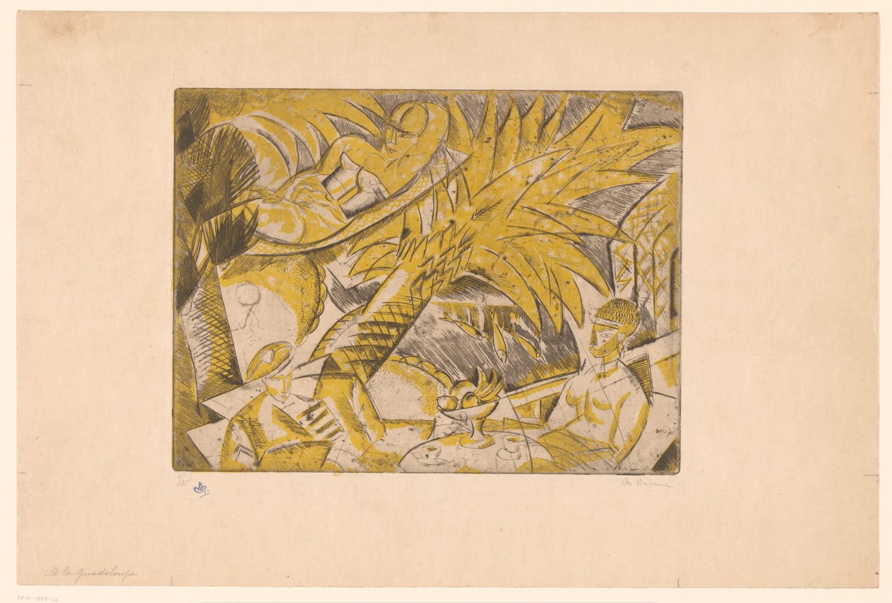Solande figurer under en palm A la Guadeloupe (titel på objekt) av Charles Dufresne (signed by artist)