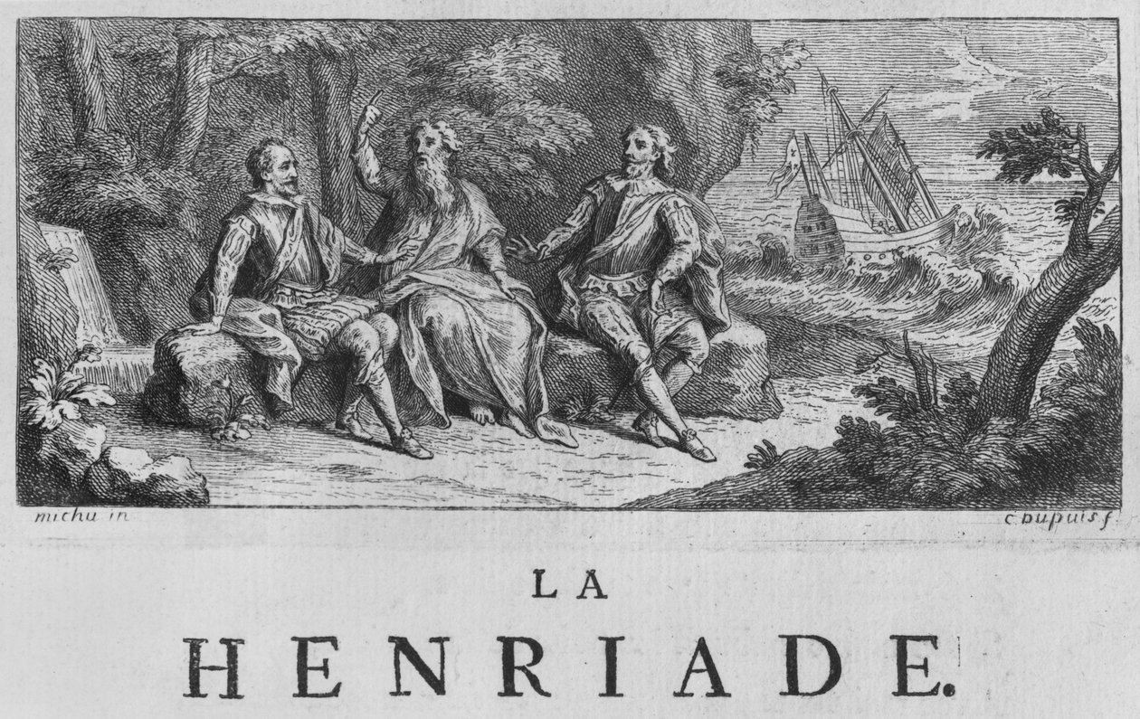 Frontispieceillustration av "La Henriade" av Voltaire (1694-1778) 1728 av Charles Dupuis