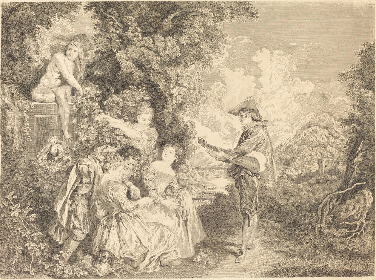 kärlekslektion av Charles Dupuis after Antoine Watteau