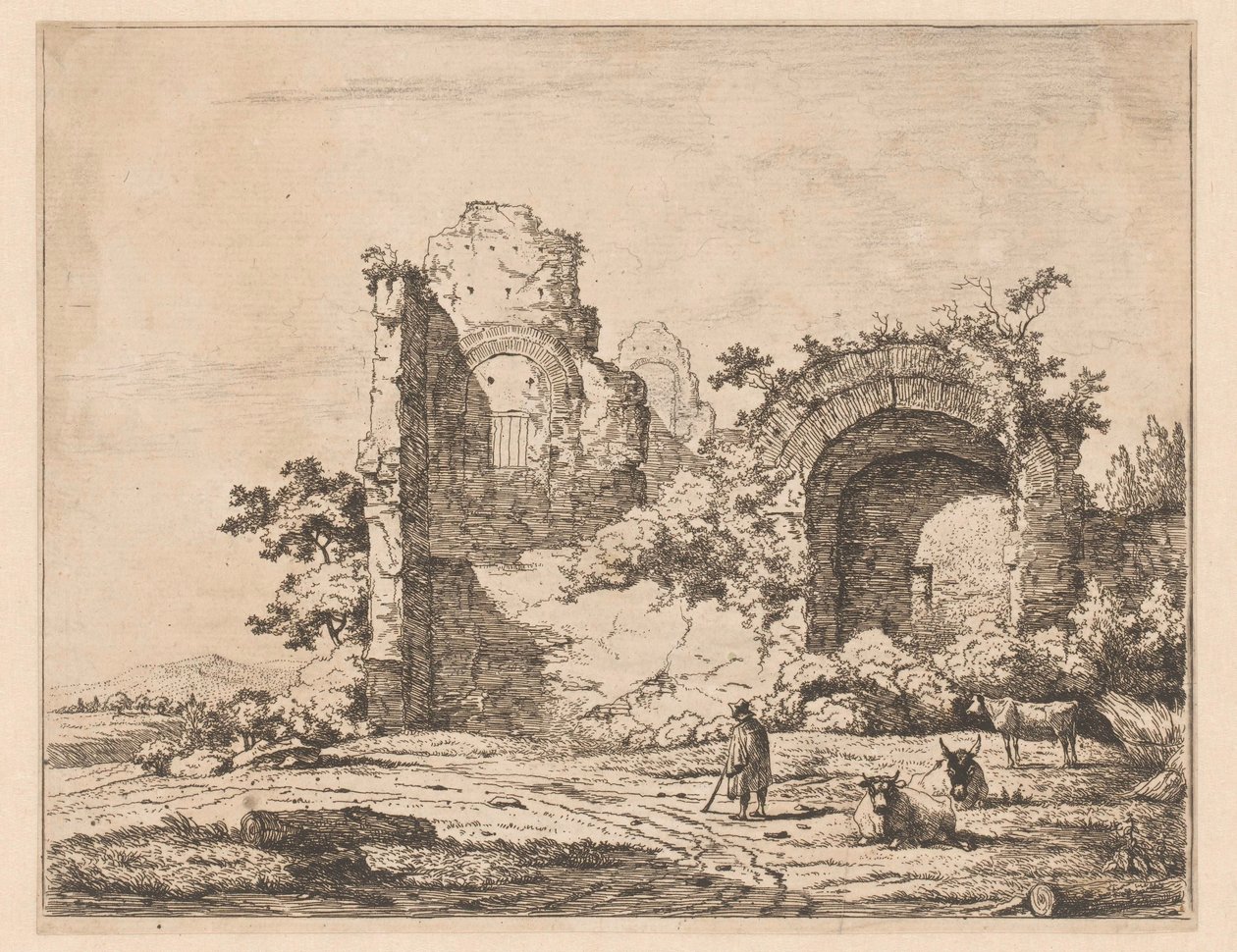 Landskap med ruin och herde Tryck med ruiner i landskap (serietitel) Cahier de ruines et de paysages (serietitel) av Charles Echard (attributed to)