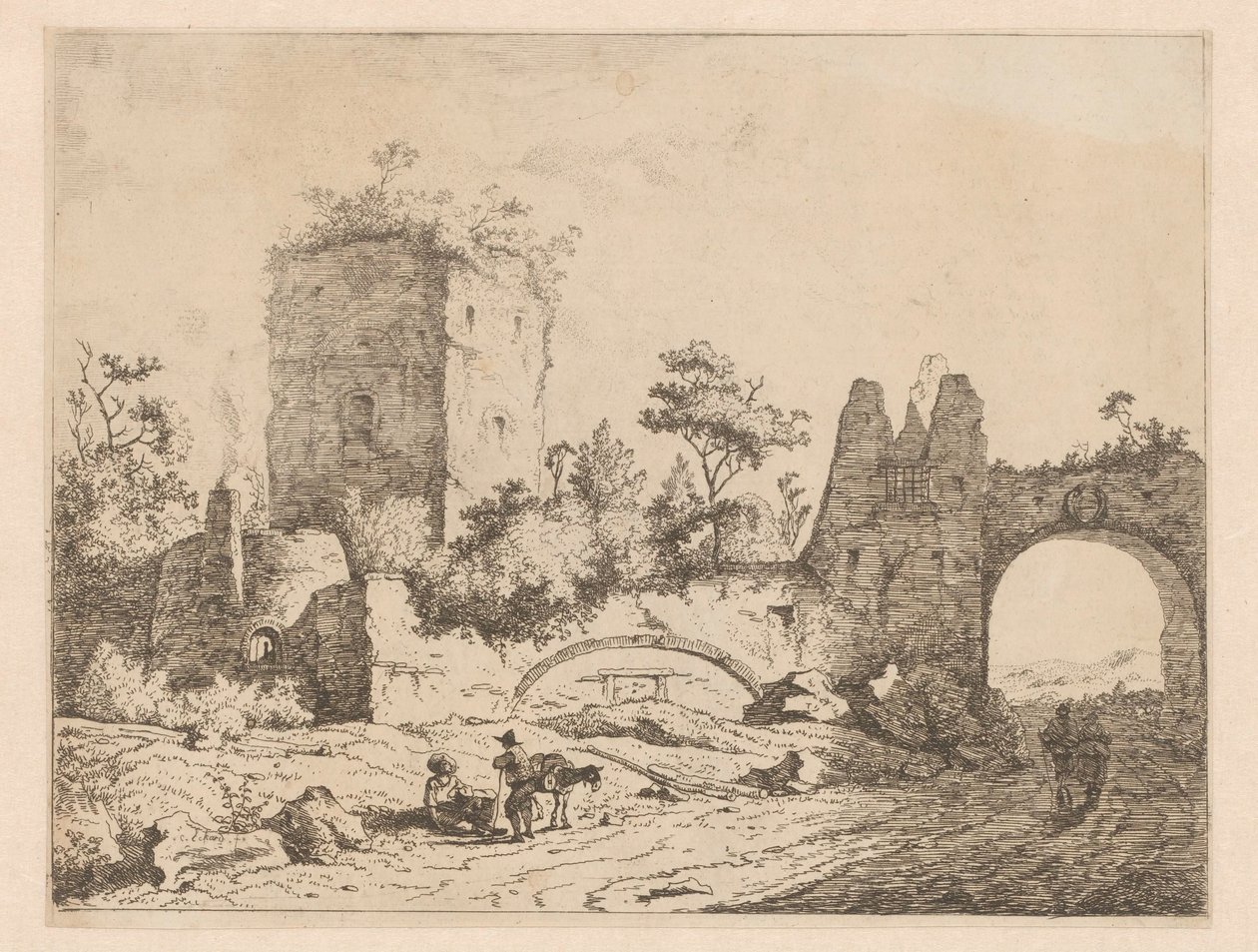 Landskap med ruiner av ett torn och en port Tryck med ruiner i landskap (serietitel) Cahier de ruines et de paysages (serietitel) av Charles Echard (attributed to)