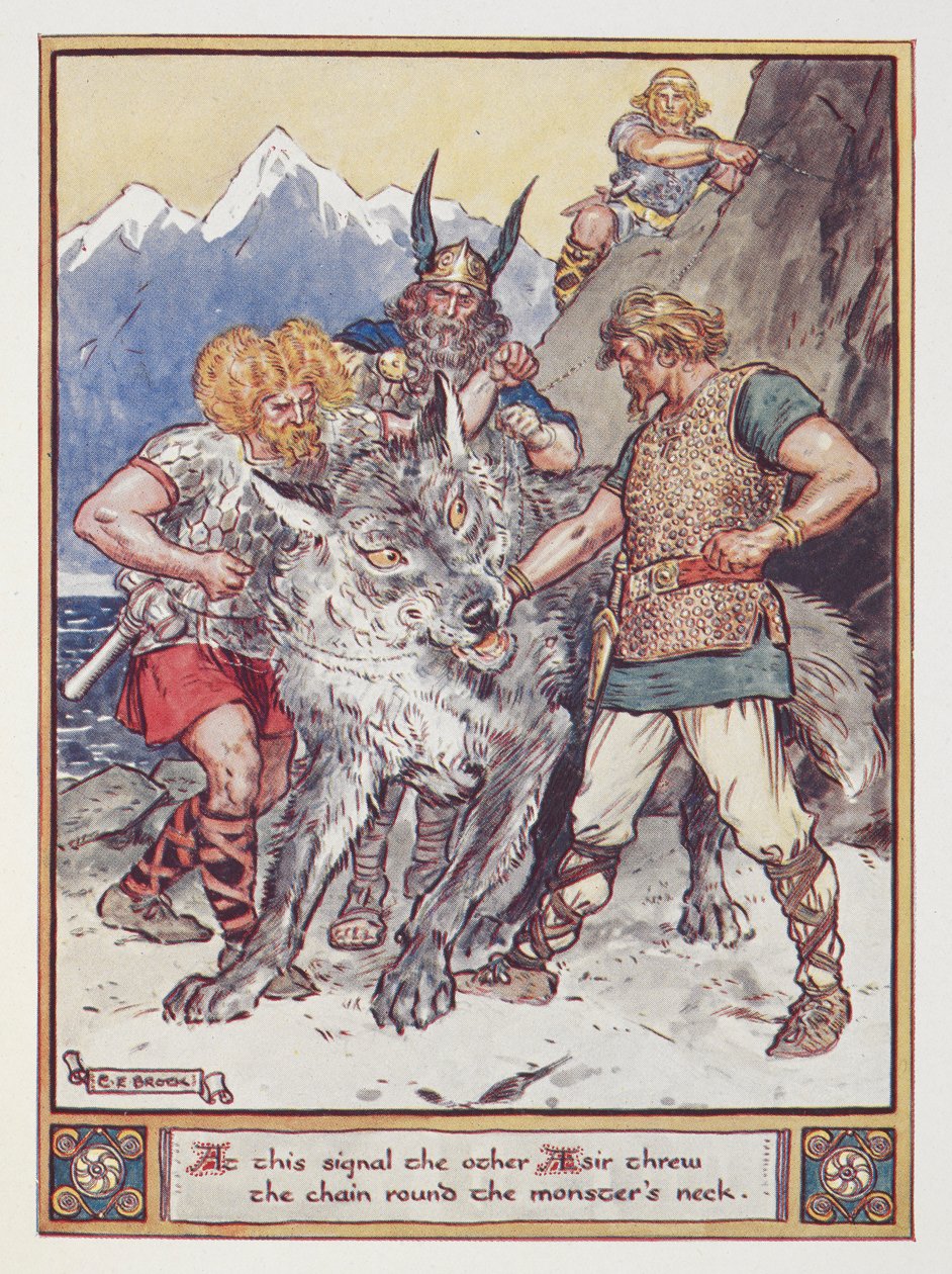 "Vid denna signal kastade den andre esiren kedjan runt monstrets hals. Tyr lovar sin hand att kedja vargen Fenrir", illustration från "The Heroes of Asgard", av Annie Keary, publ. 1930 (lito i färg) av Charles Edmund Brock