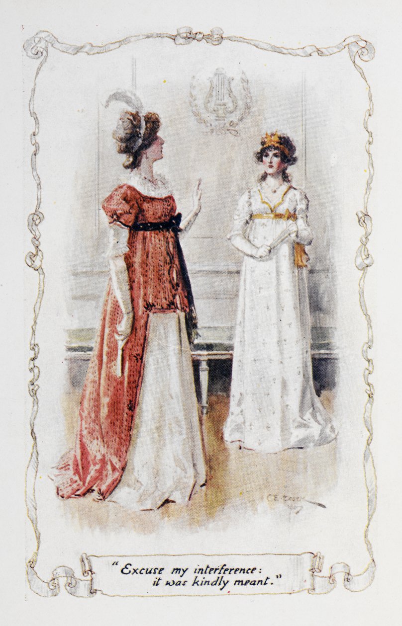 "Ursäkta min inblandning, det var vänligt menat", Georgina Darcy till Elizabeth Bennet, illustration till "Pride and Prejudice" av Jane Austen av Charles Edmund Brock
