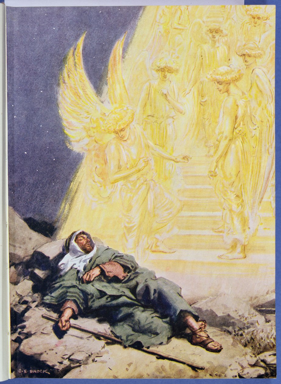 "Han ser en slingrande trappa som sträcker sig från jorden till himlen, lysande med härlighet", illustration från "Through the Bible", Virtue Publishing, 1928 av Charles Edmund Brock