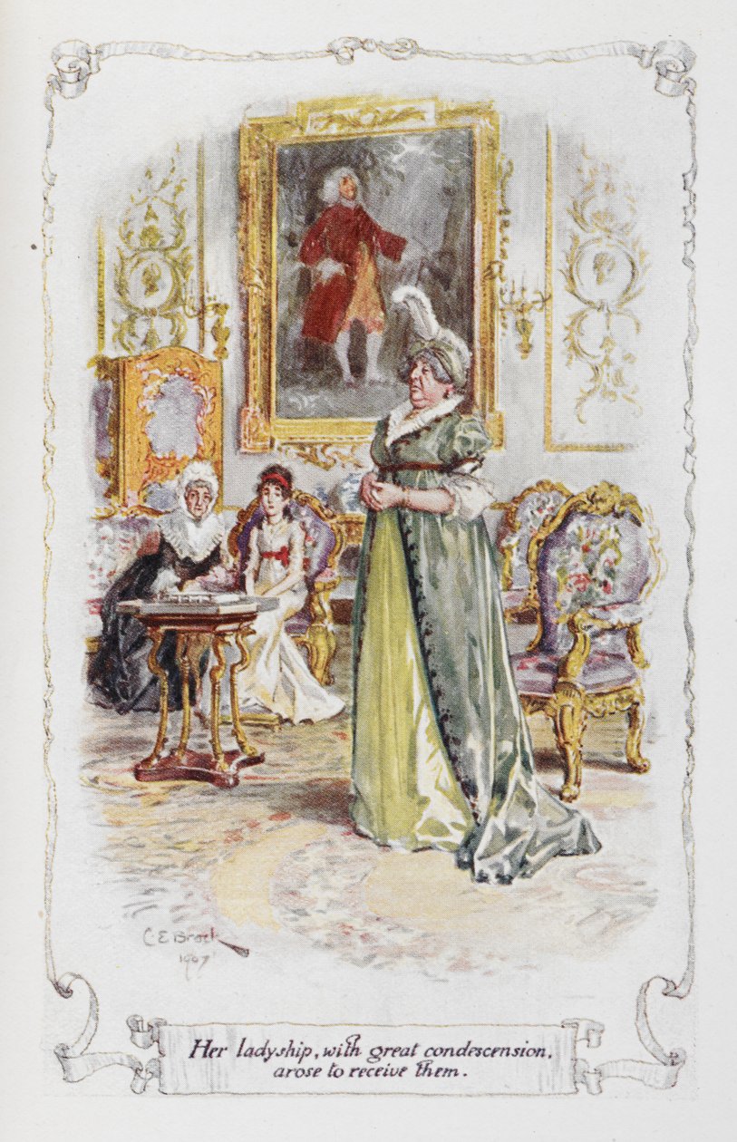 Hennes kvinnoskap, med stor nedlåtenhet, uppstod för att ta emot dem, illustration från "Pride and Prejudice" av Jane Austen (litho i färg) av Charles Edmund Brock