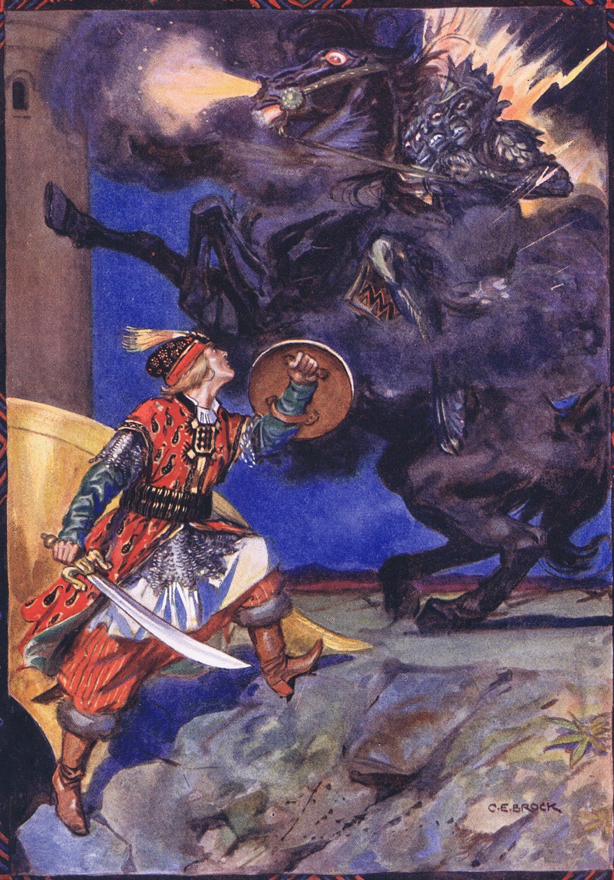 I have come to fight you, Robber of my Beloved, scene from Sucna Murga in Childrens Stories from Rumanian Legends by Moses Gaster (1856-1939) 1921  av Charles Edmund Brock
