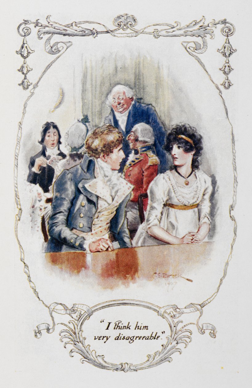 "Jag tycker att han är väldigt obehaglig", illustration till "Stolthet och fördom" av Jane Austen av Charles Edmund Brock