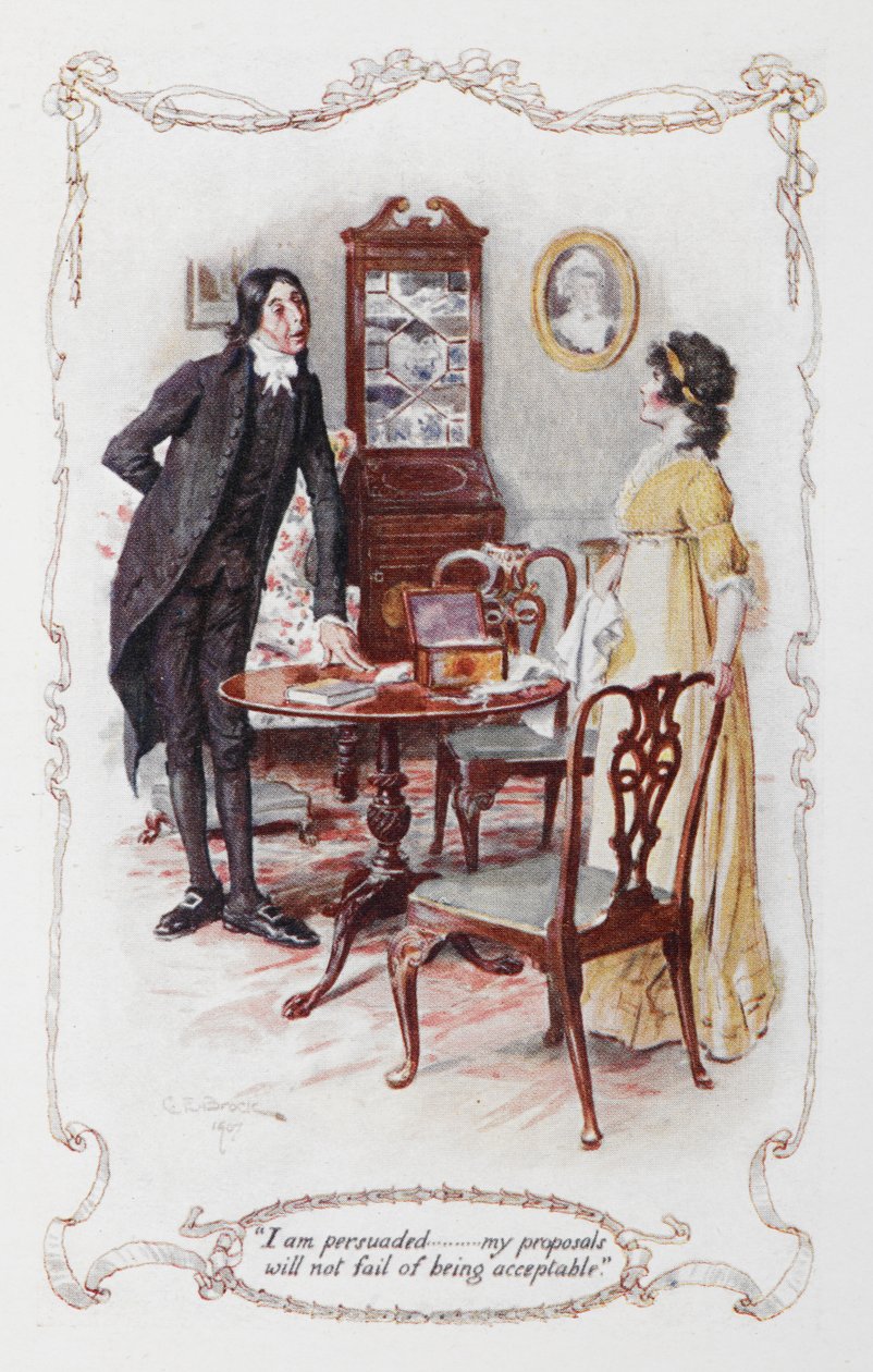 "Jag övertalades ,,, mina förslag kommer inte att misslyckas med att vara acceptabla", Mr Collins och Elizabeth Bennet, illustration till "Pride and Prejudice" av Jane Austen av Charles Edmund Brock