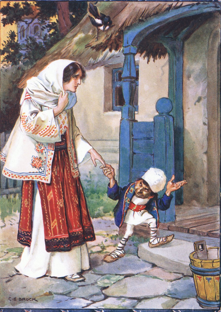 Little brother Bit took his lovely bride to the house which he had built for her, scene from Little Brother Bit in Childrens Stories from Rumanian Legends by Moses Gaster (1856-1939) 1921 (colour lith av Charles Edmund Brock