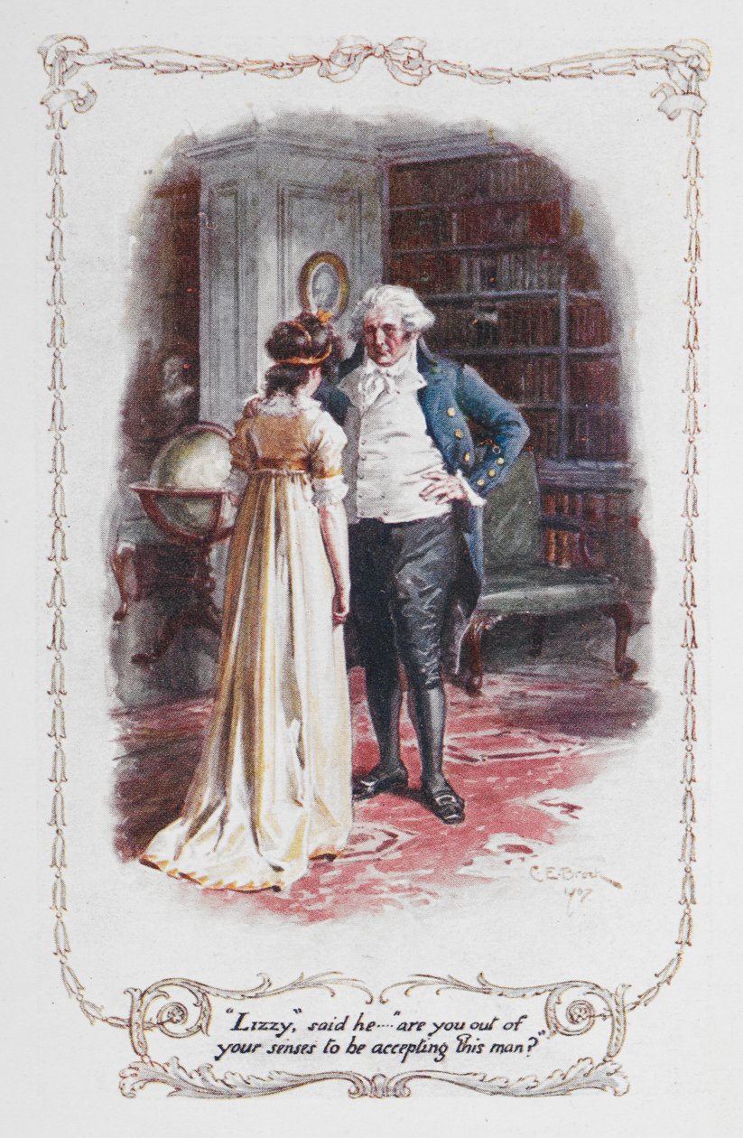 "Lizzy", sa han, "är du ur dina sinnen för att acceptera den här mannen?", Elizabeth Bennet och hennes far, illustration till "Stolthet och fördom" av Jane Austen av Charles Edmund Brock