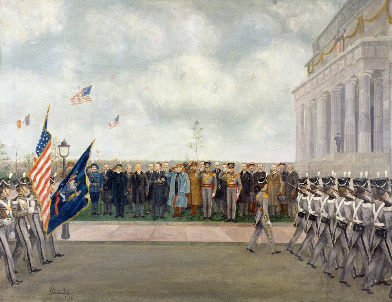 Marskalk Joffre på uppdrag till Washington för att inspektera studenter från West Point, våren 1917, av Charles Edmund Brock (1870-1938), första världskriget, USA, 1900-talet av Charles Edmund Brock