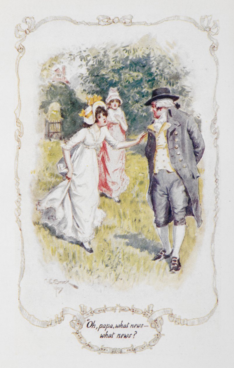 "Åh pappa, vilka nyheter - vilka nyheter?", illustration till "Stolthet och fördom" av Jane Austen av Charles Edmund Brock