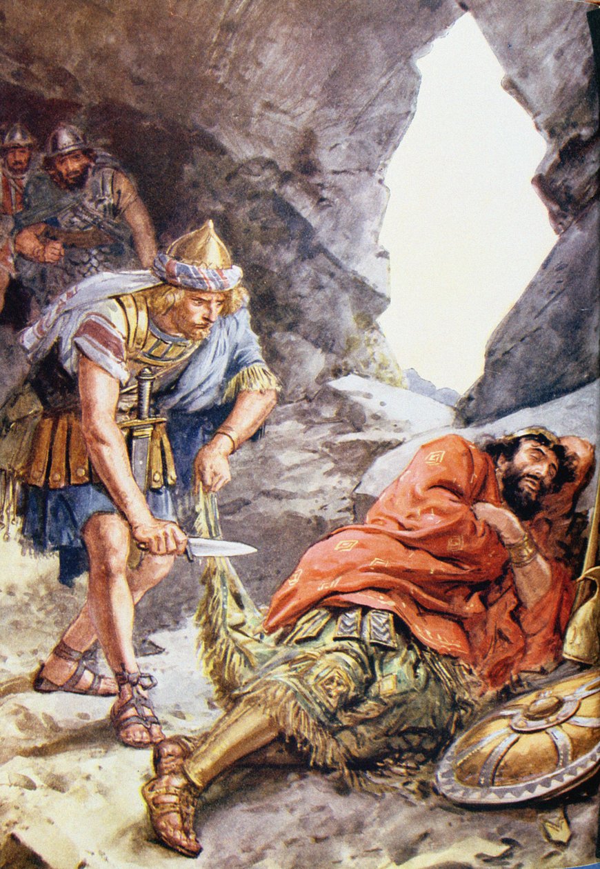 "En gång räddade han Sauls liv när han hittade honom i en grotta, sovande" illustration från "Through the Bible" Vintage Publishing, 1928 av Charles Edmund Brock