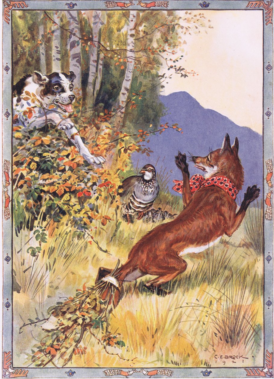 Out of the bushes sprang the dog, scene from THe Story of the Partidge, the Fox and the Hound in Childrens Stories from Rumanian Legends by Moses Gaster (1856-1939) 1921  av Charles Edmund Brock